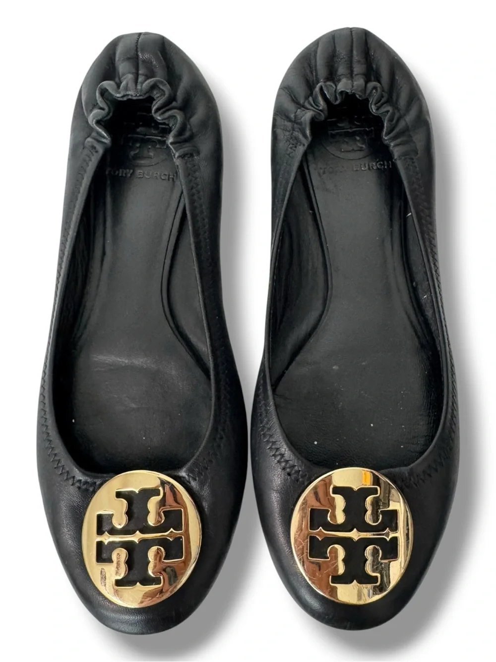 Tory Burch Reva Ballet Flats Women’s Size 8 Black Leather Gold Logo Shoes